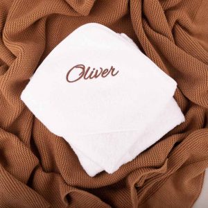 Personalised white baby towel and Personalised brown knitted baby blanket