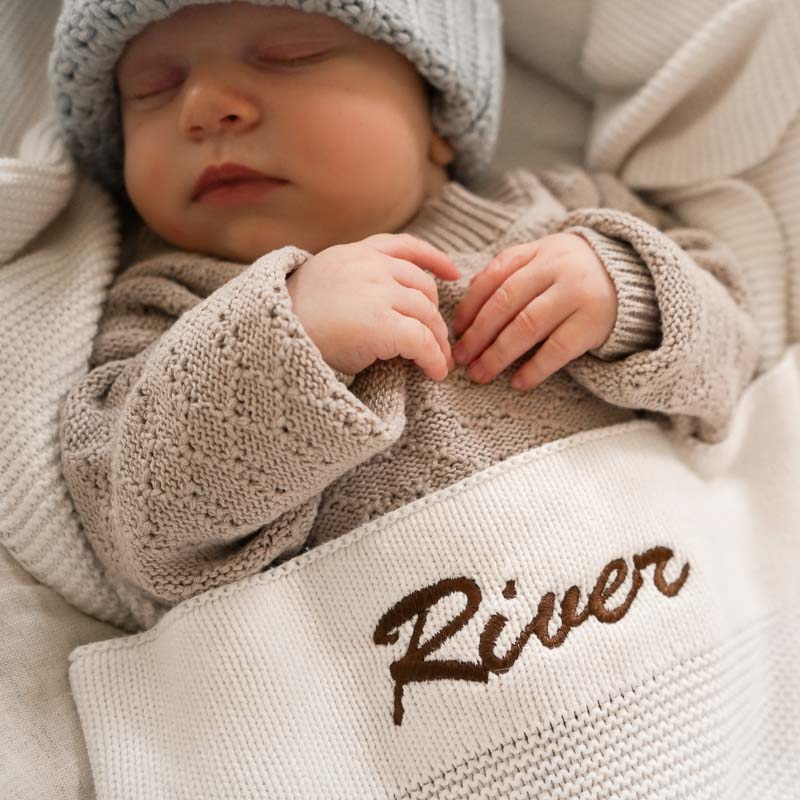 Baby River with Personalised White Knitted Baby Blanket.