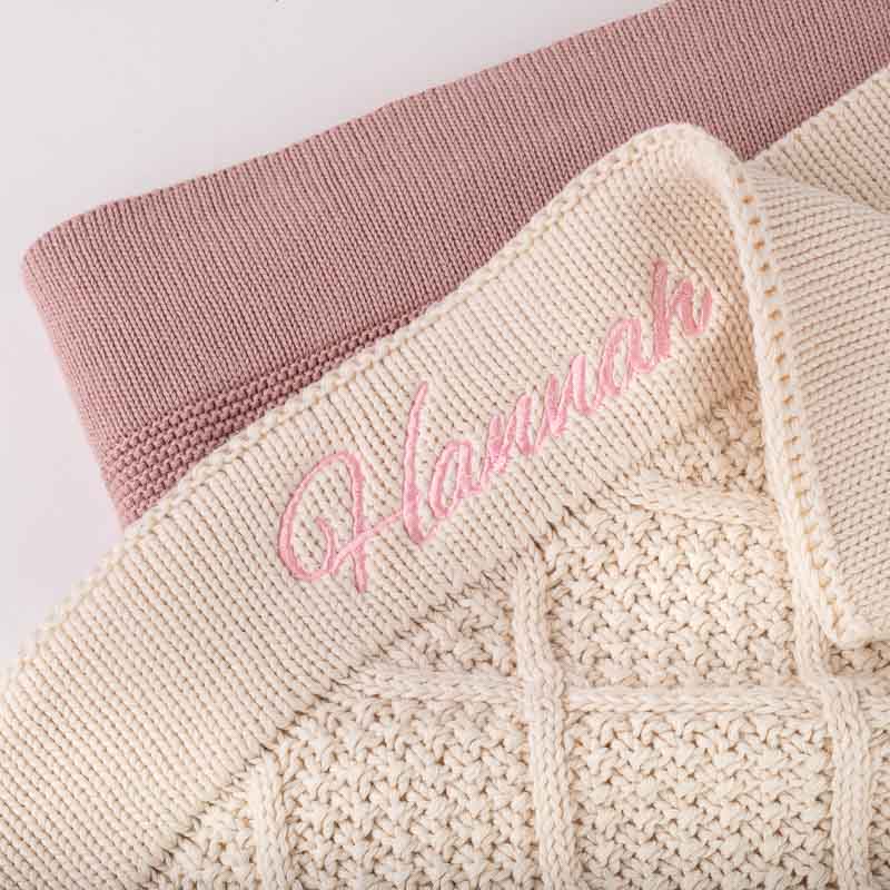 Personalised Cream Baby Blanket Diamond Knitted embroidered with girls name Hannah.