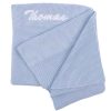 A personalised blue knitted baby blanket newborn boy present.