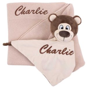 Personalised Beige Blanket & Bear Comforter Baby Gift.
