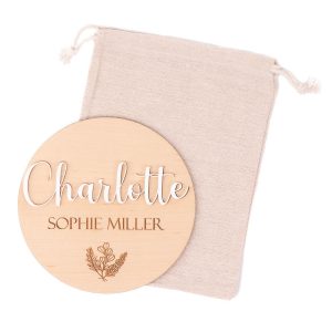 3D Birth Announcement Name Disc - Light with muslin bag.
