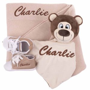 Personalised Beige Blanket, Sand shoes and Brown Bear Baby Gift.