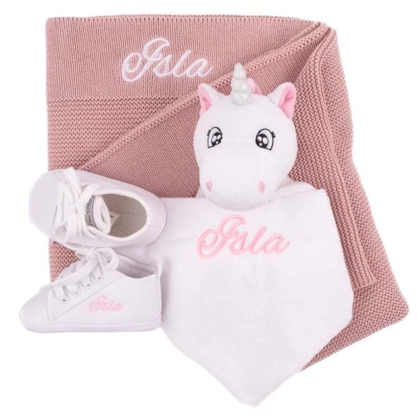 Personalised Blush Pink Blanket, Shoes & Unicorn Baby Gift Personalised Blush Pink Blanket, Shoes and Unicorn Baby Gift for girls embroidered with the name Isla.