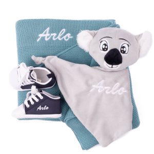 Blue Knitted Blanket, Koala and Shoes Personalised Baby Gift embroidered with Arlo.