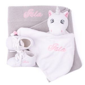 Light Grey Knitted Blanket, Unicorn and Shoes Personalised Baby Girl Gift embroidered with Isla.