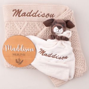 Personalised Beige Diamond Blanket, Puppy and 3D Baby Birth Announcement baby gift.