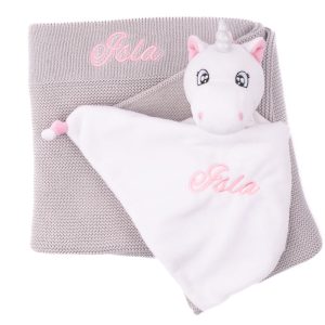 Personalised Light Grey Blanket and Unicorn Baby Girl Gift embroidered with Isla.
