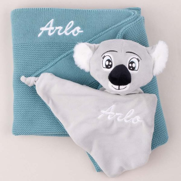 Personalised Ocean Blue Blanket and Koala Baby Gift for boys embroidered with Arlo.