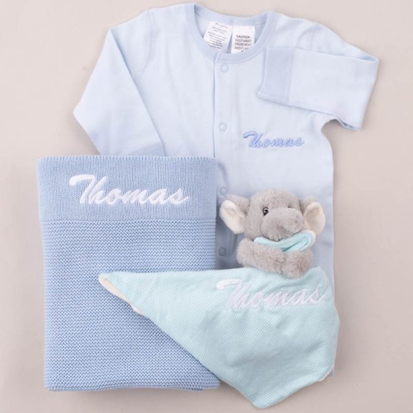 Personalised Blue Knitted Blanket, Comforter & Organic Onesie embroidered with the baby name Thomas.