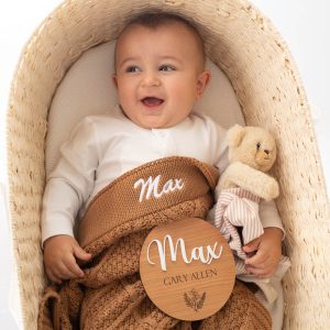 Baby Max with Personalised brown diamond knitted blanket, bear comforter and 3D birth announcement name disc newborn gift.