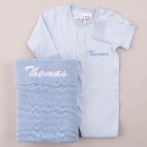 Personalised Blue Knitted Blanket and Organic Onesie Baby Gift embroidered with the name Thomas.