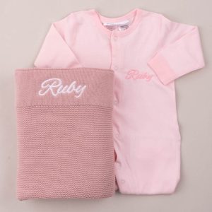 Personalised Blush Pink Knitted Blanket and Onesie Baby Gift.