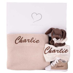 Beige personalised unisex baby gift in a gift box embroidered with Charlie.