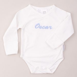 100% GOTS Certified Organic White Baby Romper with Personalised Embroidery.