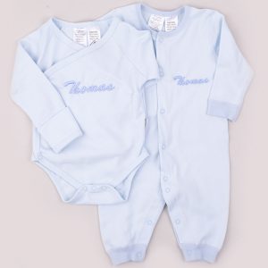 Blue baby romper and onesie personalised baby boy gifts.