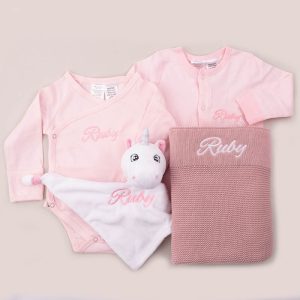 A 4-Piece Gift Box including a 100% GOTS Certified Organic Pink Baby Romper & Onesie, Unicorn Comforter & Knitted Blanket with Personalised Embroidery.
