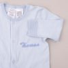 Close-Up of 100% GOTS Certified Organic Blue Baby Onesie with Personalised Embroidery.