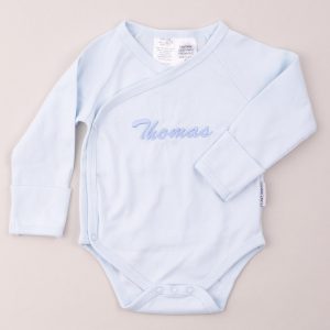 100% GOTS Certified Organic Blue Baby Romper with Personalised Embroidery.