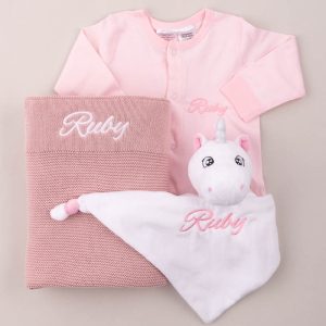 Baby Girl 3-Piece Organic Onesie Personalised Gift embroidered with the name Ruby.