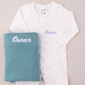 Personalised Ocean Blue Knitted Blanket and Organic Onesie Baby Gift embroidered with Oscar.