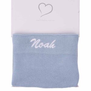 Personalised blue knitted blanket baby boy gift in a gift box.