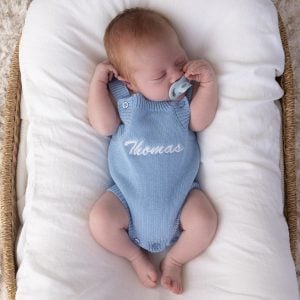 Personalised Knitted Blue Boy Romper. Thomas