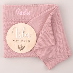Personalised Blush Pink Blanket and 3D Baby Name Disc girl gift.