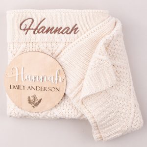 Personalised Cream Diamond Blanket and 3D Baby Name Disc gift set.