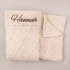 Personalised cream diamond knitted baby blanket embroidered with girls name Hannah.