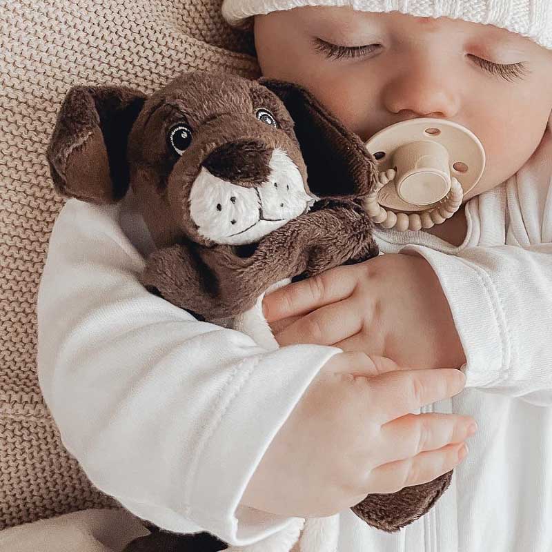 Baby cuddling personalised puppy comforter newborn gift.