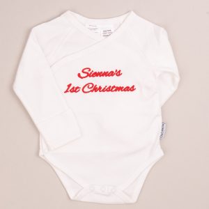 Personalised 1st Christmas Gift Baby Romper embroidered with girls name Sienna.
