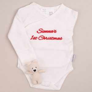Personalised 1st Christmas Baby Romper Bear Rattle Gift.