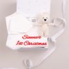 Personalised 1st Christmas Baby Romper and Bear Baby Rattle with box and ribbon.