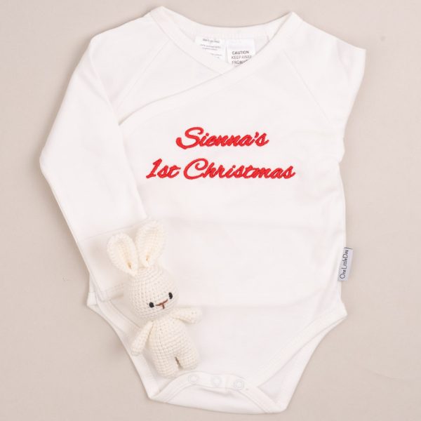 Personalised 1st Christmas Baby Romper and Bunny Baby Rattle gift.