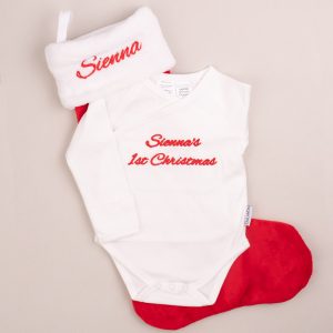 Personalised 1st Christmas Baby Romper and Stocking Gift embroidered with Sienna.
