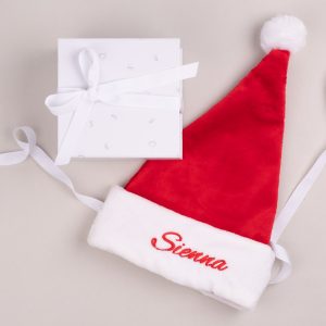 Personalised Baby Christmas Hat with gift box and ribbon.