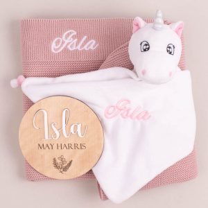 Personalised Blush Pink Blanket, Unicorn and 3D Baby Name Disc newborn girl gift.