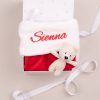 Personalised Christmas Stocking and Bear Baby Rattle inside gift box with ribbon.