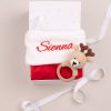 Personalised Christmas Stocking and Reindeer Baby Rattle Gift in gift box with ribbon.