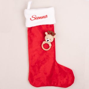Personalised Christmas Stocking and Reindeer Baby Rattle Gift.