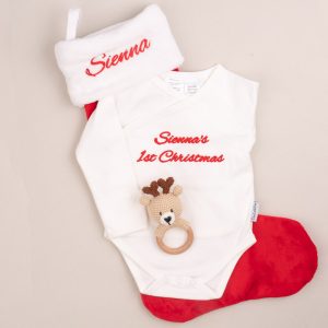 Personalised Christmas Stocking, Reindeer Rattle and Romper Baby Gift.