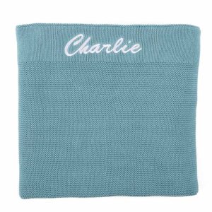 Large Personalised Ocean Blue Baby Knitted Blanket unique gift for newborns.