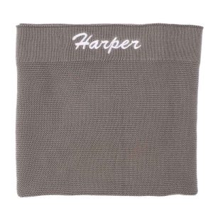 Large Personalised Olive Green Baby Knitted Blanket embroidered with girls name Harper.