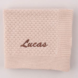 Personalised Beige Bubble Knitted Baby Blanket embroidered with boys name Lucas.