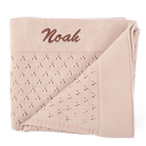 Personalised Beige Pointelle Knitted Baby Blanket unisex gift embroidered with girls name Noah.