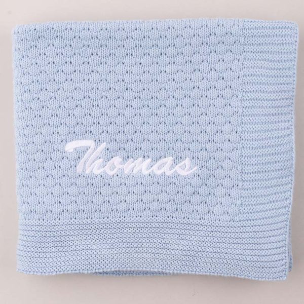 Personalised Blue Bubble Knitted Baby Blanket unique boy gift.