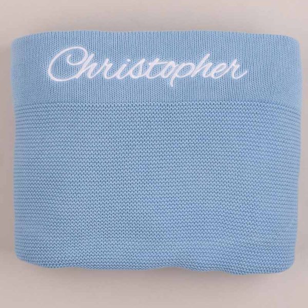 Personalised Blue Large Baby Knitted Blanket boy gift.