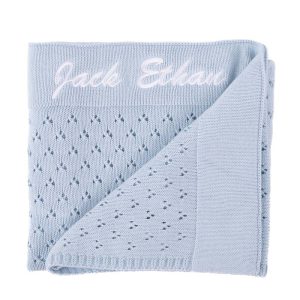 Personalised Blue Pointelle Baby Knitted Blanket gift for boys.