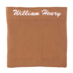 Personalised Brown Large Baby Knitted Blanket embroidered with boys name.